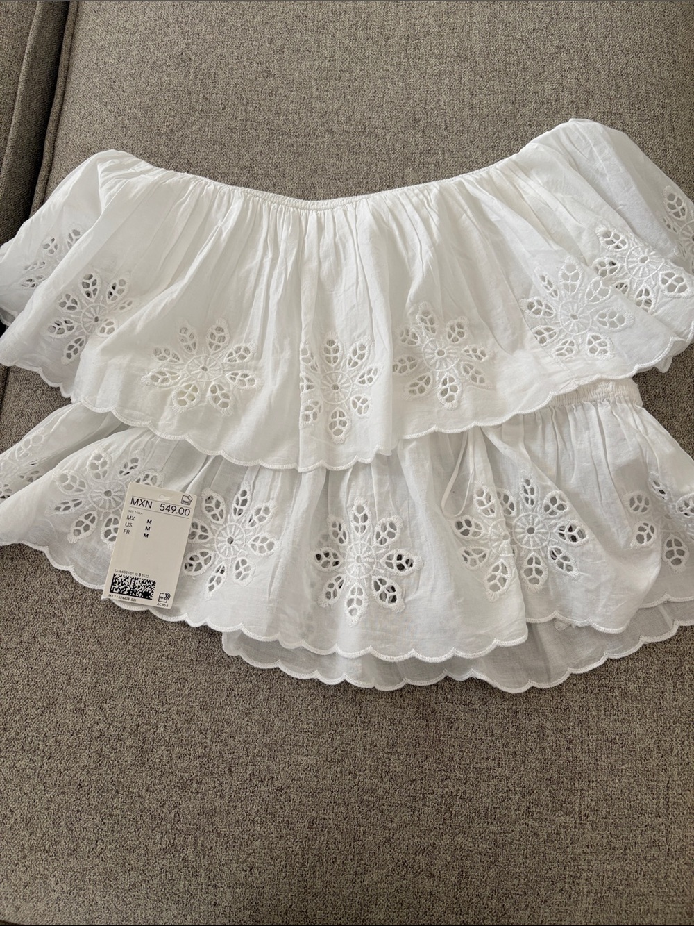 H&M White Eyelet Off-Shoulder Tiered Top